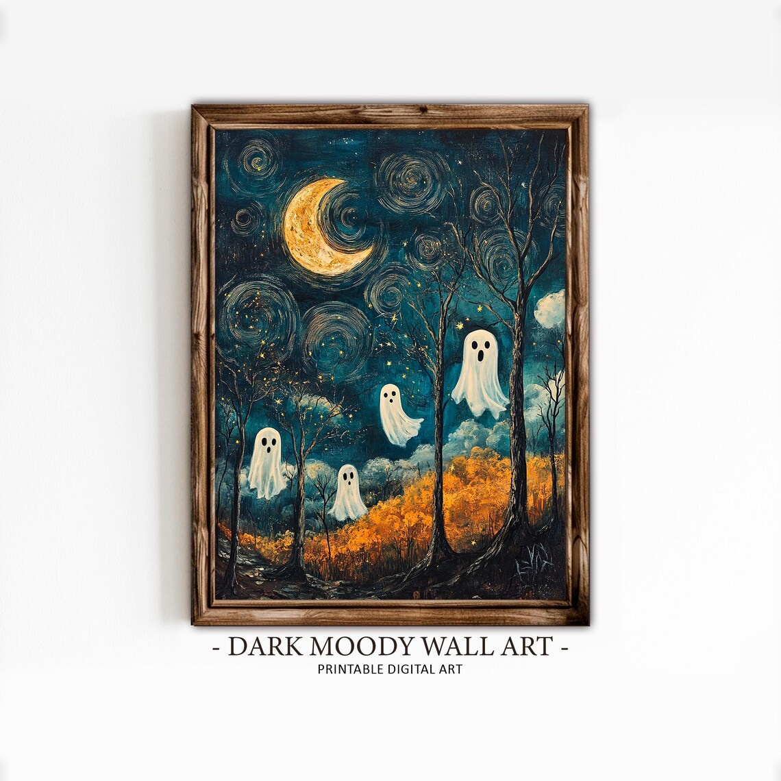Cute Ghosts in Autumn Forest Under Crescent Moon Whimsical Halloween Poster - Image 4