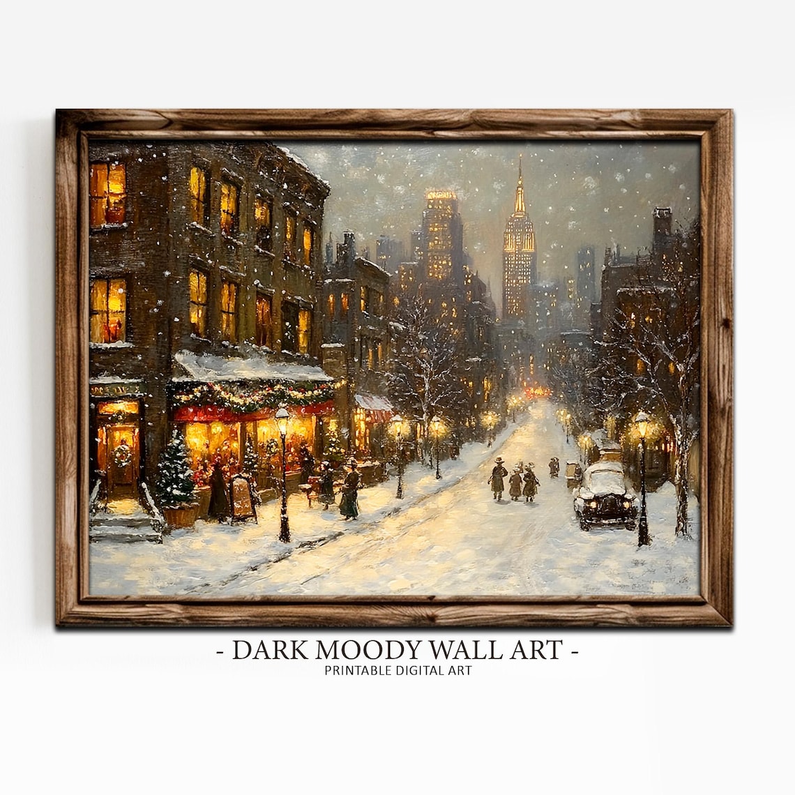 Victorian City Street Glowing Shops Snowy Evening Walk Poster