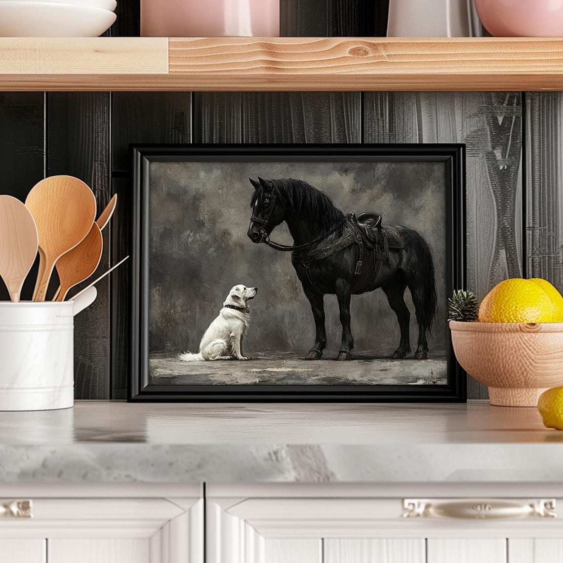 Black Horse And White Dog Vintage Dark Moody Animal Wall Art - Image 5