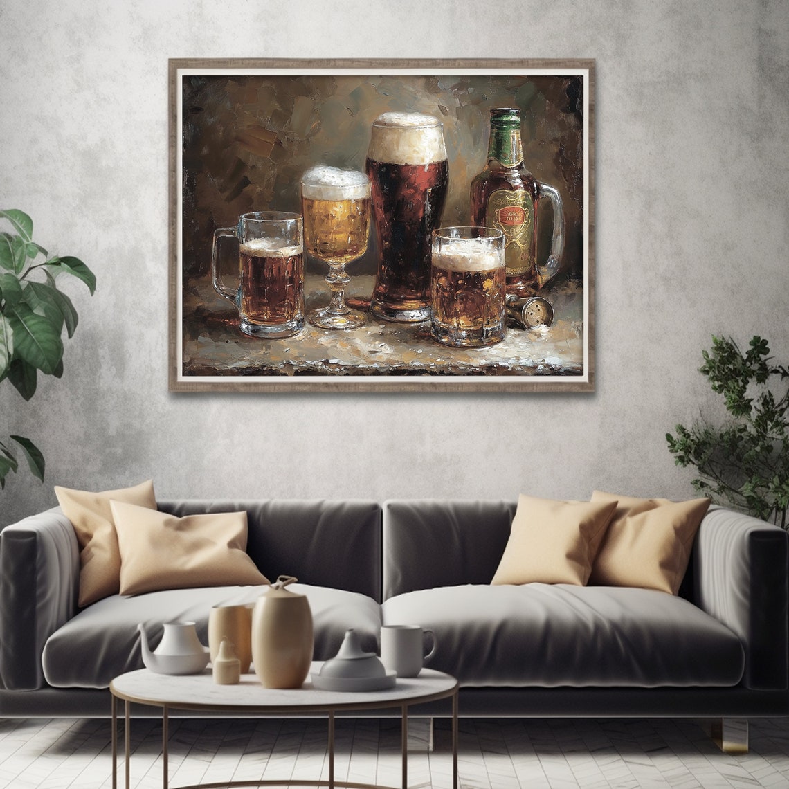 Assorted Beer Mugs And Bottle Rustic Still Life Oil Painting Poster - Image 3