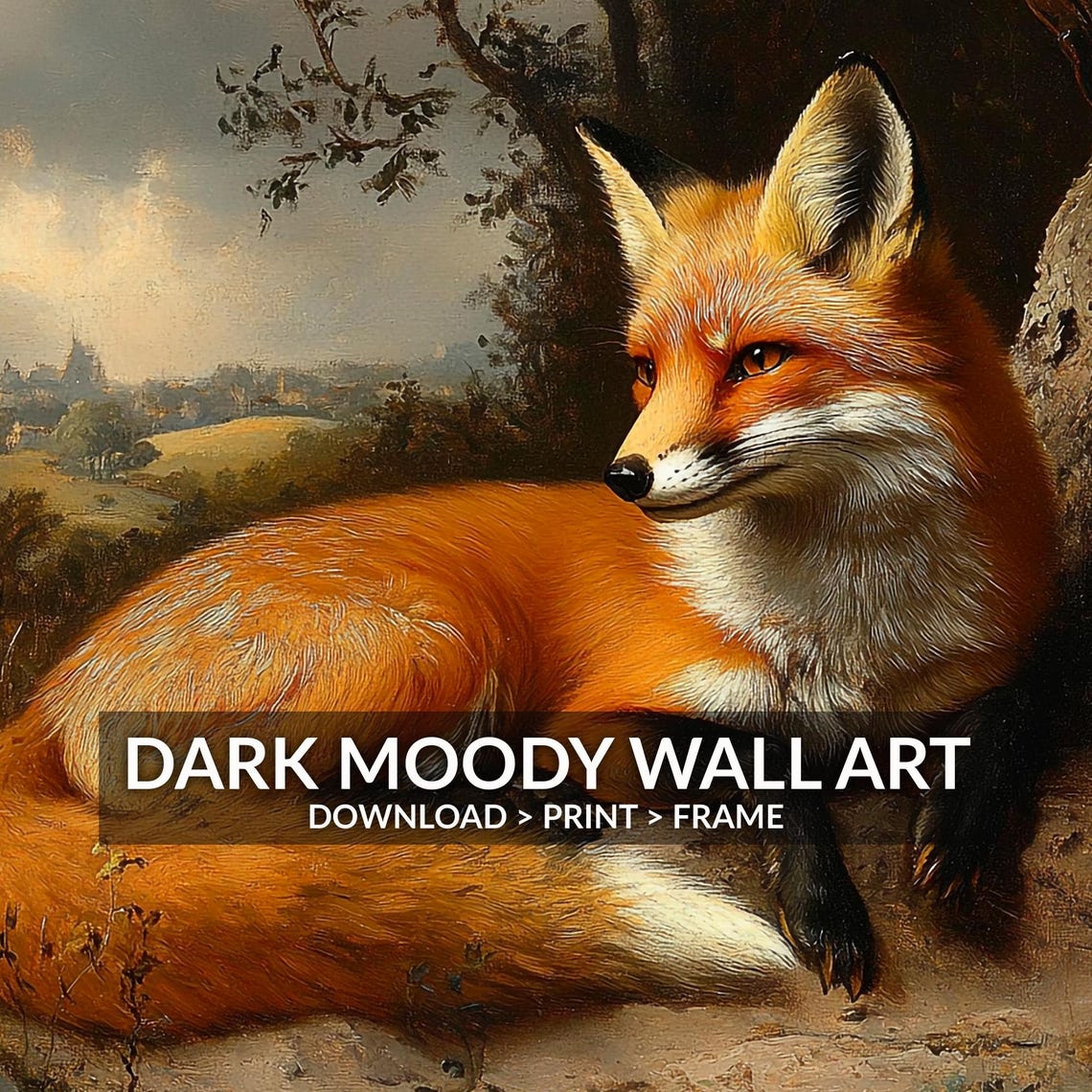 Red Fox Resting Beside Tree Vintage Wildlife Portrait Painting Poster - Image 6