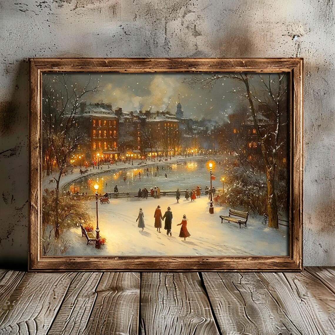 Victorian Winter Park Frozen Pond Skaters Night Glow Scene Poster - Image 5