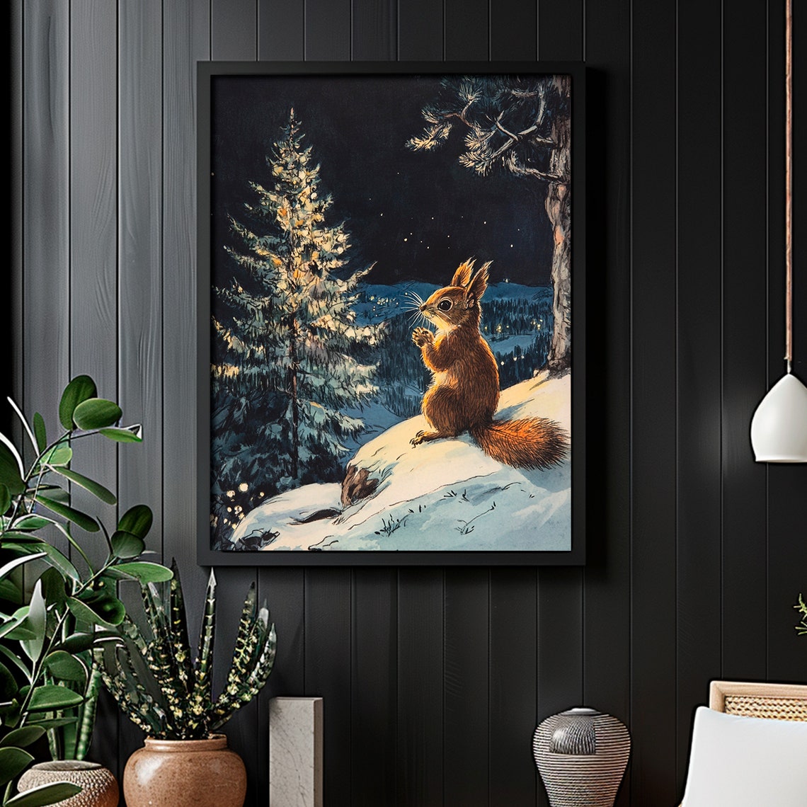 Red Squirrel Snowy Night Forest Storybook Animal Painting Poster - Image 3