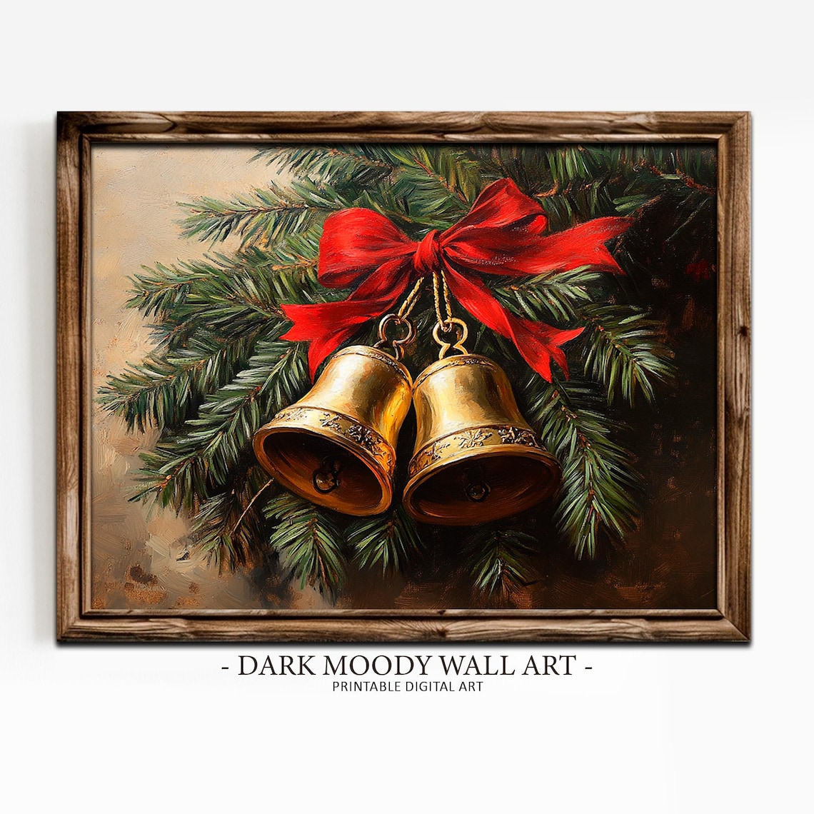 Golden Christmas Bells Red Bow Pine Branch Vintage Holiday Art Poster