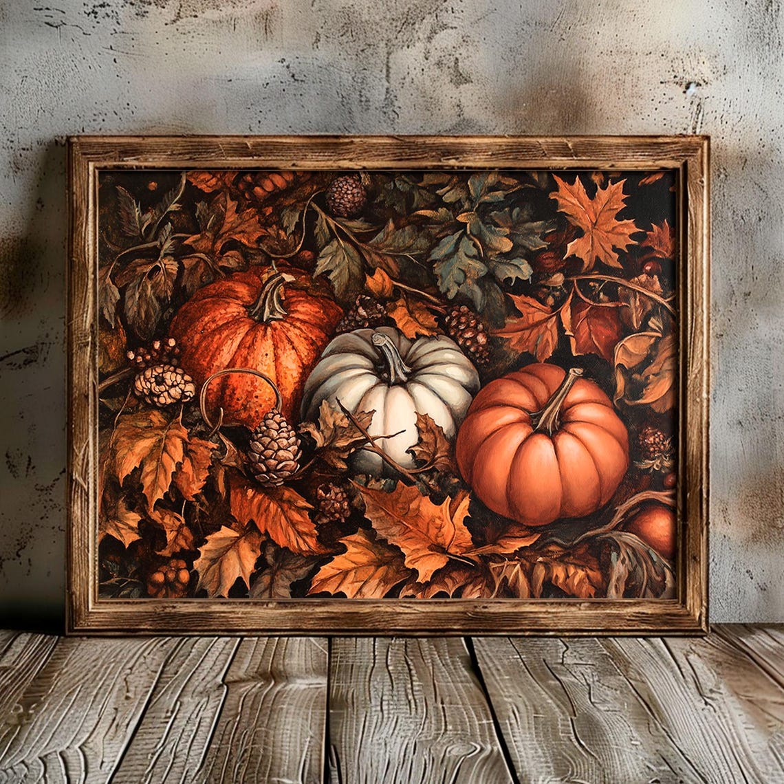 Rustic Pumpkins Fall Leaves Harvest Still Life Painting Wall Art - Image 5