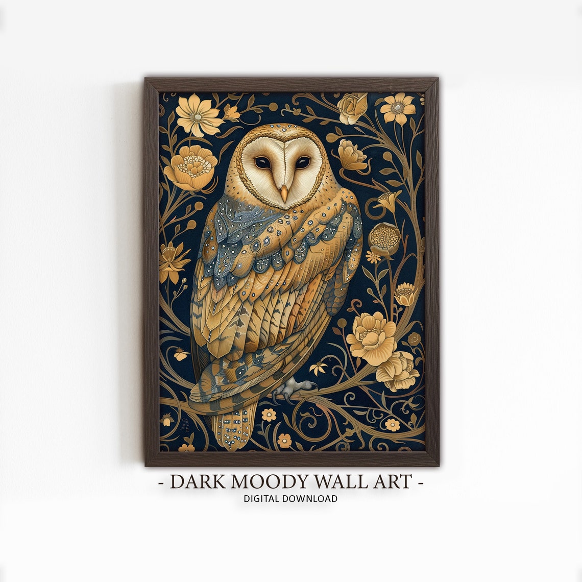 Golden Barn Owl Floral William Morris Style Dark Vintage Wall Art