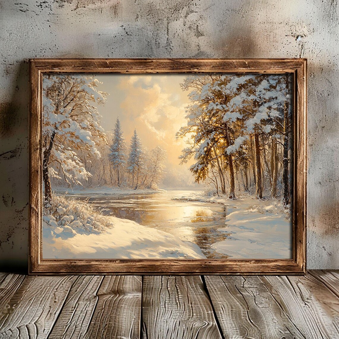 Snowy Winter Forest With Frozen River Golden Morning Light Wall Art - Image 5