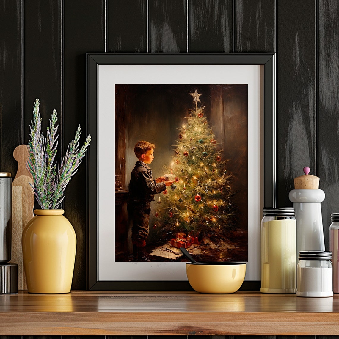 Victorian Boy Decorating Christmas Tree Starry Night Art Print - Image 4