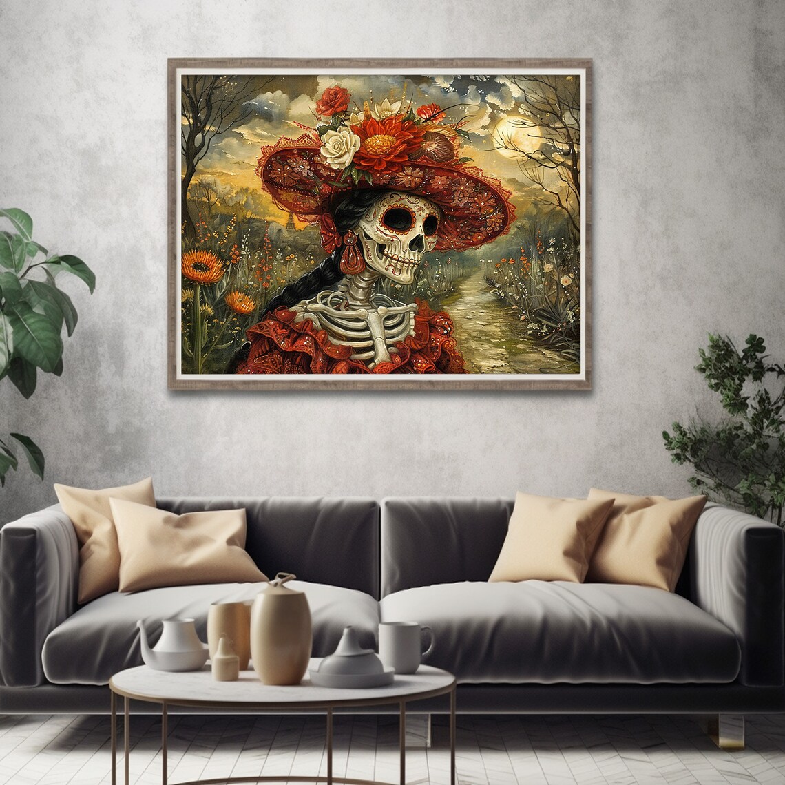 Catrina Red Flower Hat Moonlit Garden Dia de los Muertos Poster - Image 5