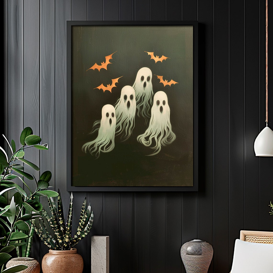 Four Ghosts Orange Bats Dark Green Halloween Painting Vintage Poster - Image 6