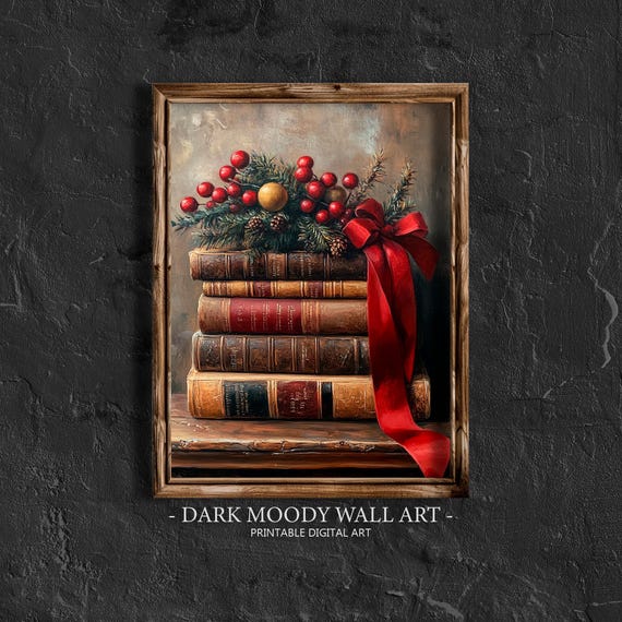 Christmas Book Print Stacked Books Wall Art Moody Christmas Book Stack With Santa Hat Art Vintage Christmas Dark Academia Decor