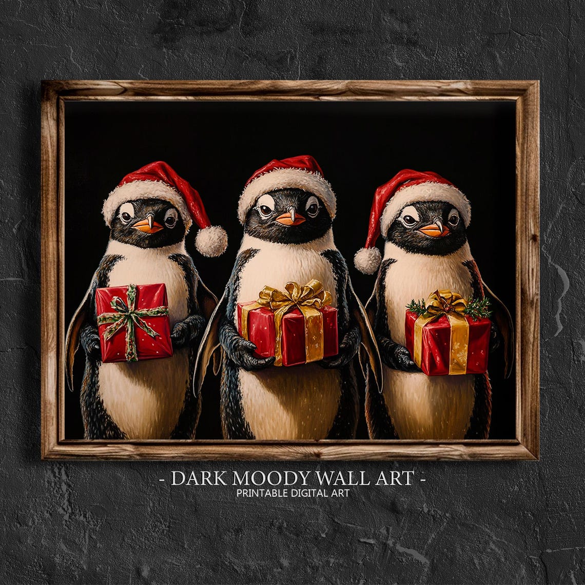 Penguins in Santa Hats Holding Gifts Vintage Christmas Poster