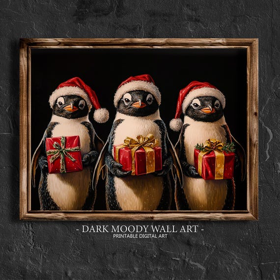 Penguins Holding Gifts Print Vintage Christmas Wall Art Dark Moody Rustic Farmhouse Home Decor