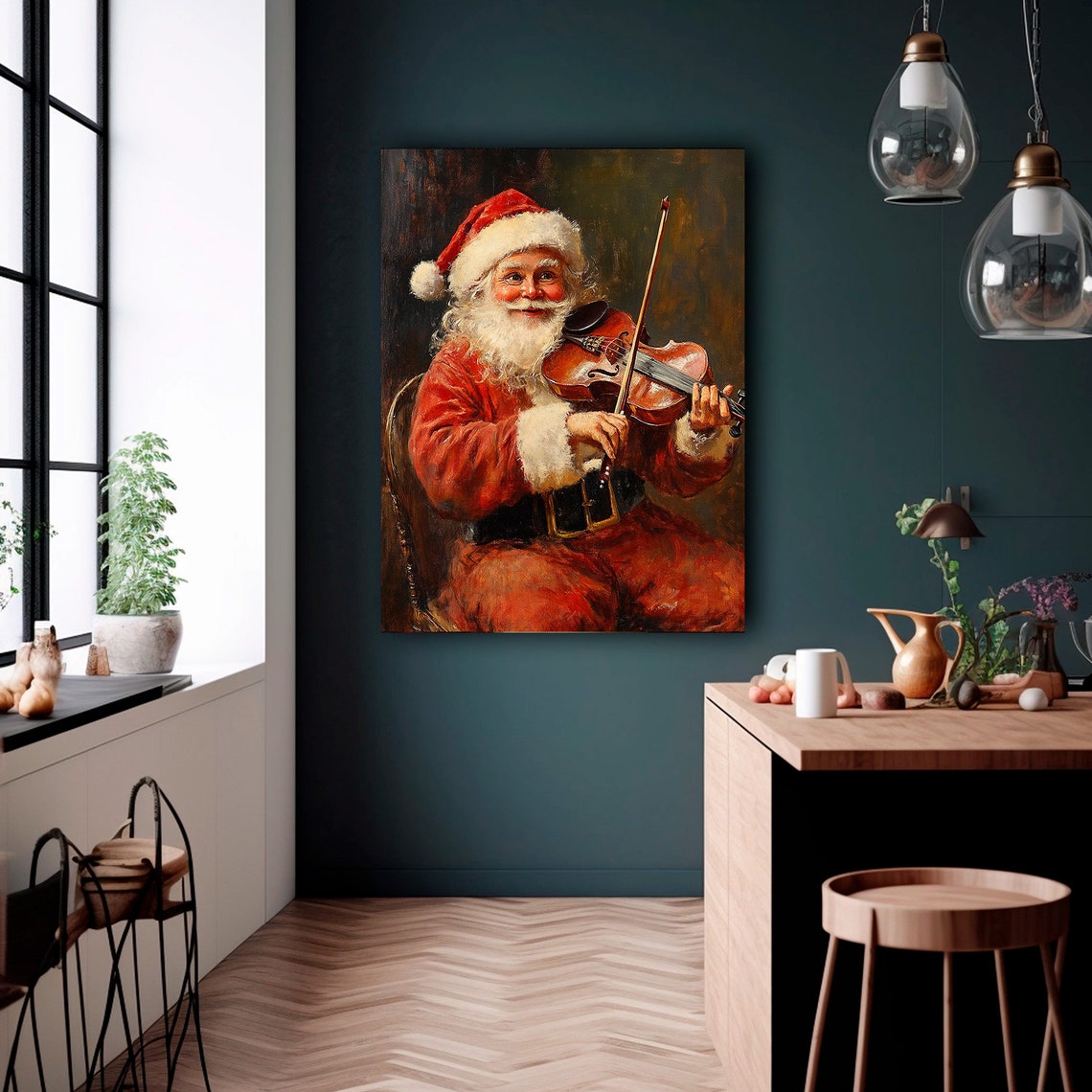 Cheerful Santa Playing Violin Vintage Christmas Music Scene Print - Image 2