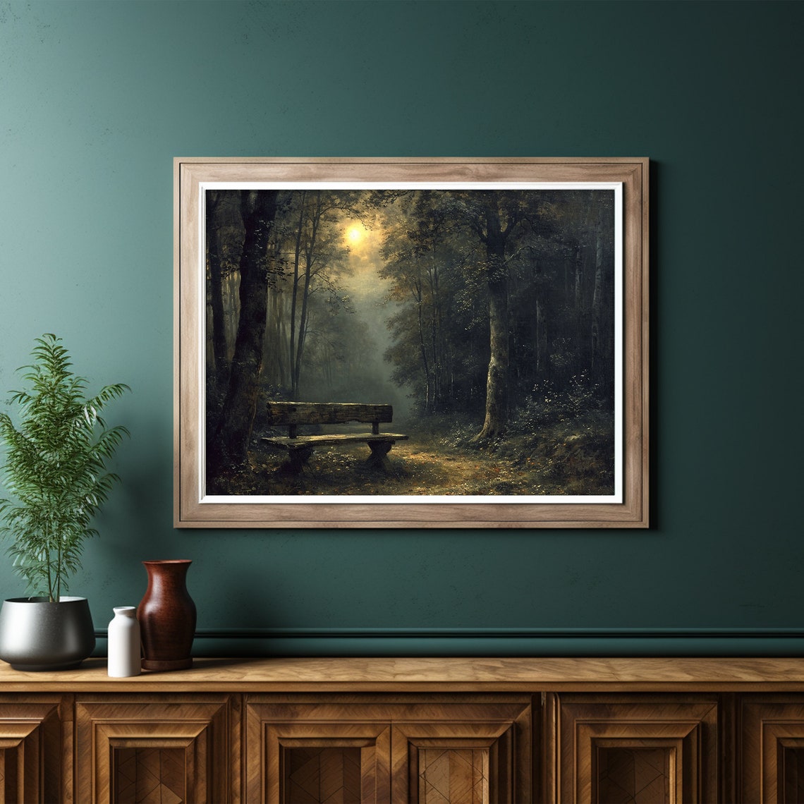 Empty Bench In Foggy Forest Night Dark Moody Woods Painting Poster - Image 6