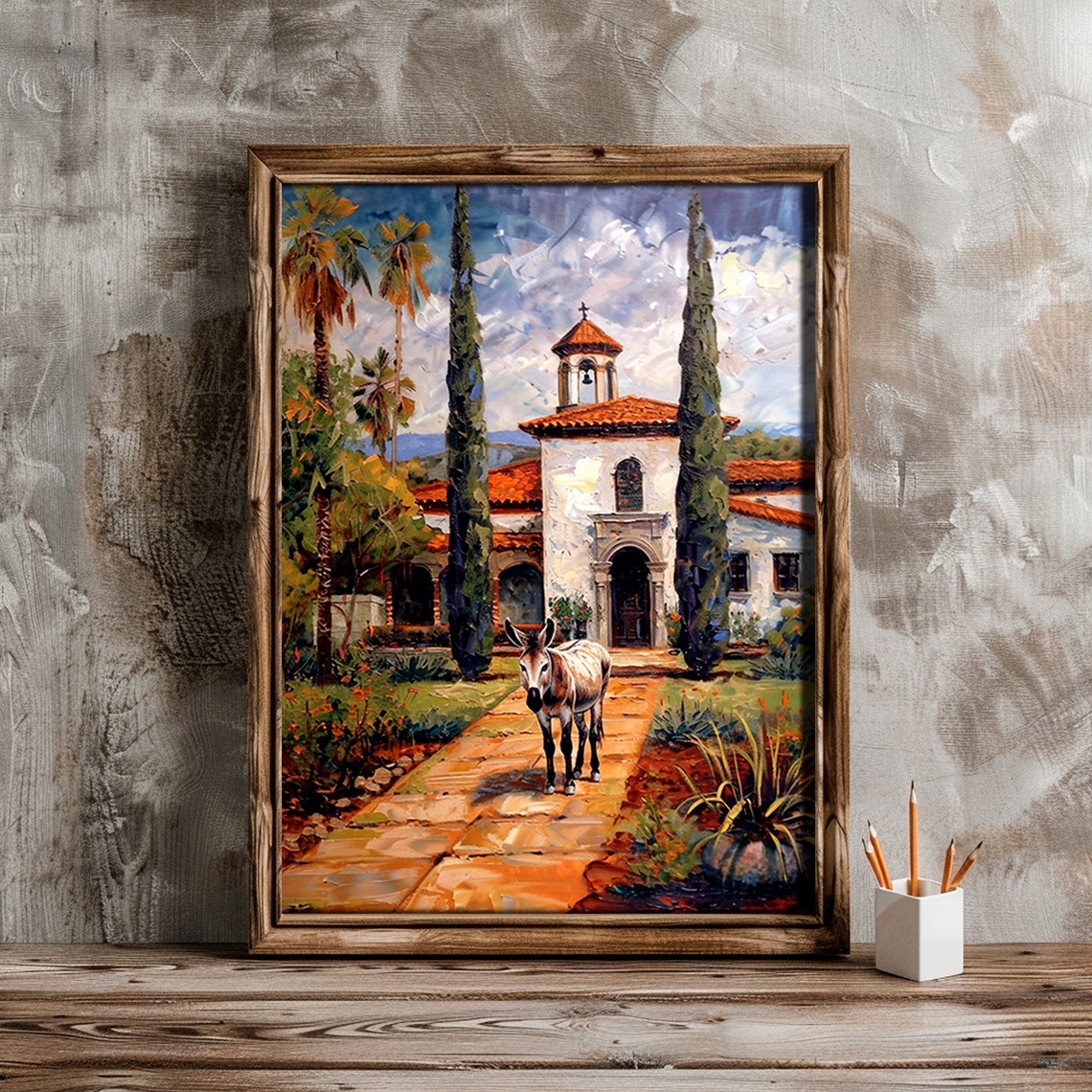 Mexican Burro Donkey Mission Church Cypress Trees Sunny Art Print - Image 4