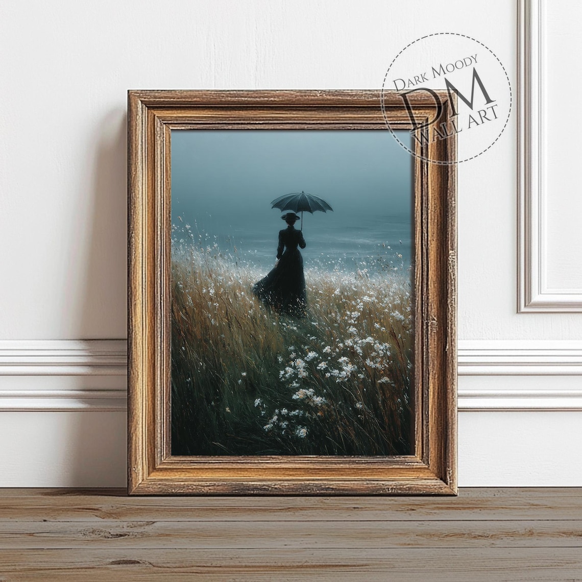 Woman Umbrella Misty Wildflower Meadow Dark Moody Atmospheric Art Poster