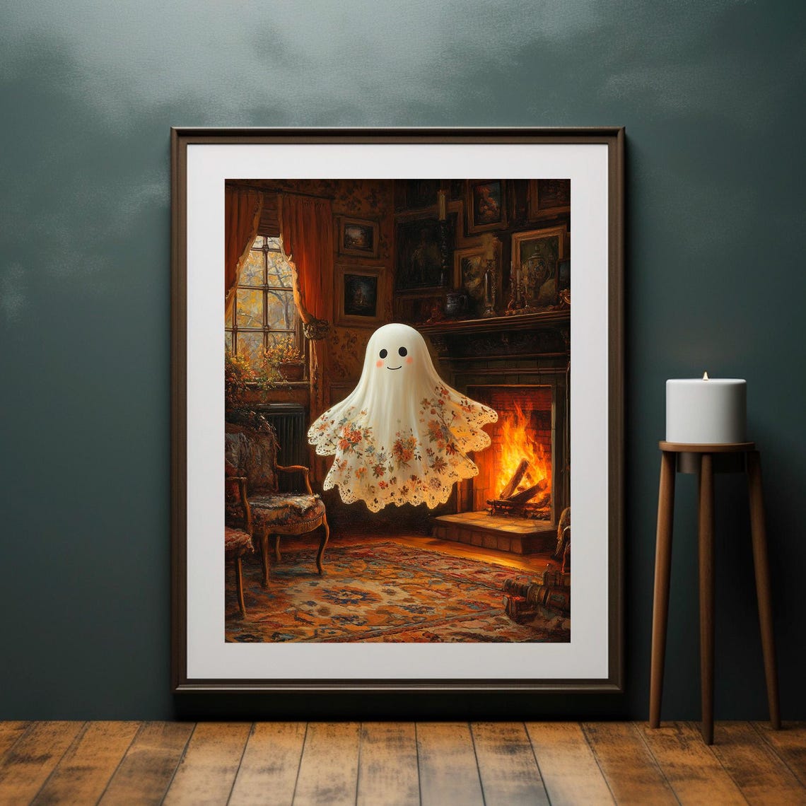 Cute Ghost Floral Sheet Cozy Victorian Parlor Fireplace Wall Art - Image 2