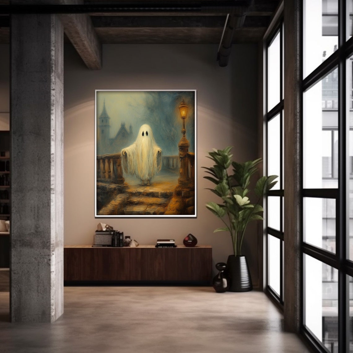 Cute Ghost Painting Moody Haunted Halloween Art Gothic Ghost On The Bridge Print Decor - Image 5