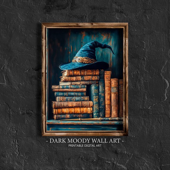 Blue Wizard Hat Magic Wand Stacked Vintage Books Teal Wall Poster
