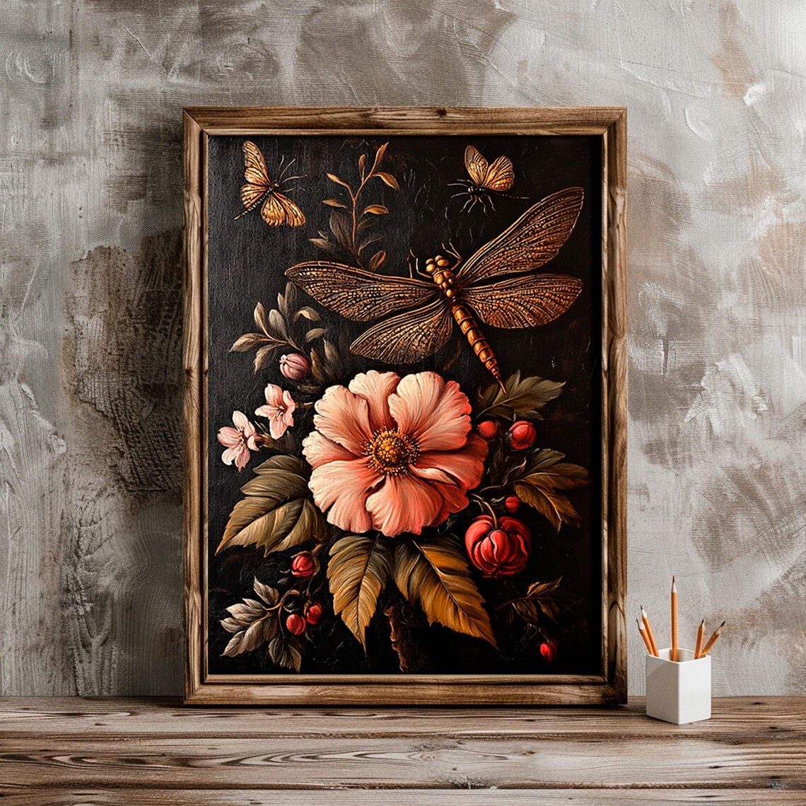 Dragonfly Butterflies Pink Rose Dark Botanical Vintage Floral Painting Poster - Image 6