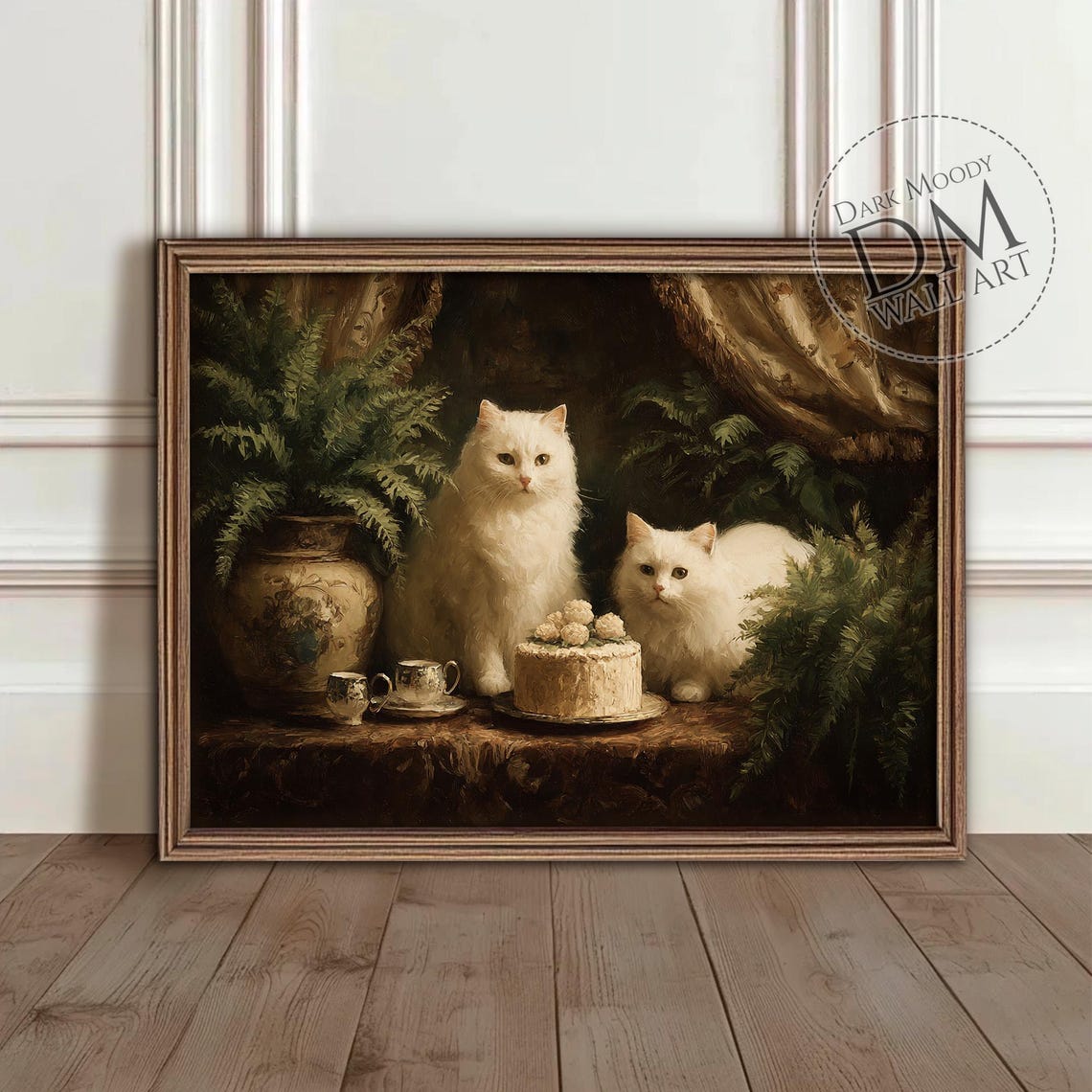 Victorian White Cats Wall Art Gothic Tea Party Animal Portrait Print