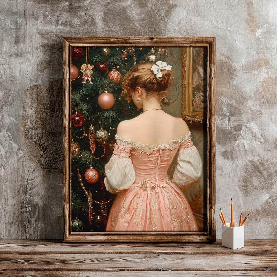 Victorian Lady In Pink Gown Christmas Tree Vintage Portrait Wall Art - Image 5