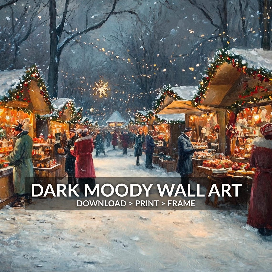 Snowy Park Christmas Market Stalls Evening Shoppers Painting Poster - Image 5