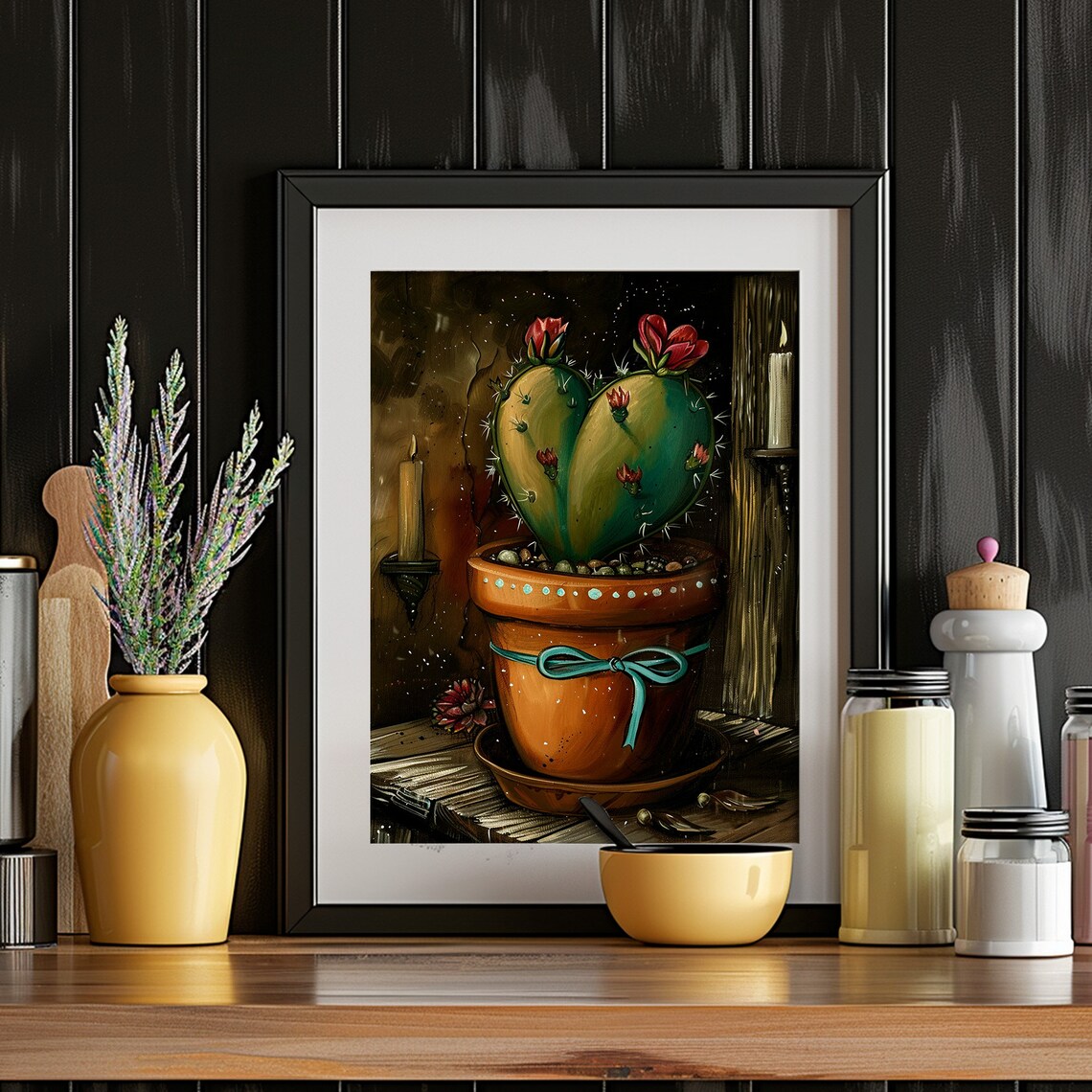 Heart Cactus Terracotta Pot Red Blooms Dark Moody Still Life Poster - Image 2