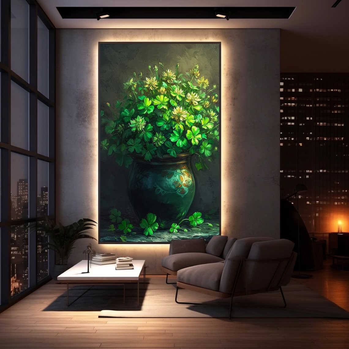 Green Shamrock Bouquet Dark Moody Botanical Still Life Wall Art - Image 5