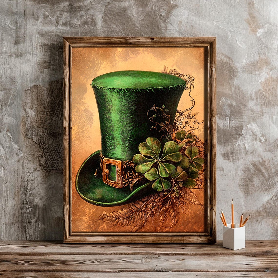 Vintage Green Leprechaun Top Hat With Shamrocks Irish Decor Wall Art - Image 5