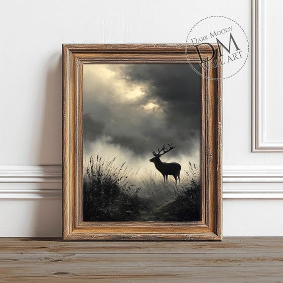 Stag Wall Art Moody Deer In Dark Forest Landscape Print