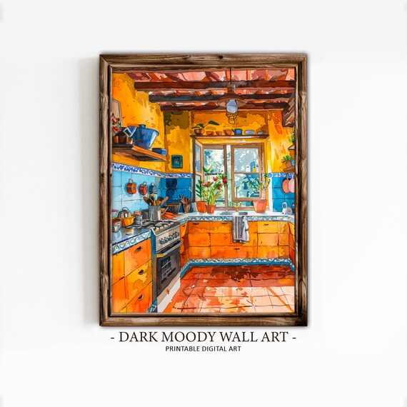 Bright Mexican Kitchen Watercolor Orange Tiles Blue Accents Painting Poster