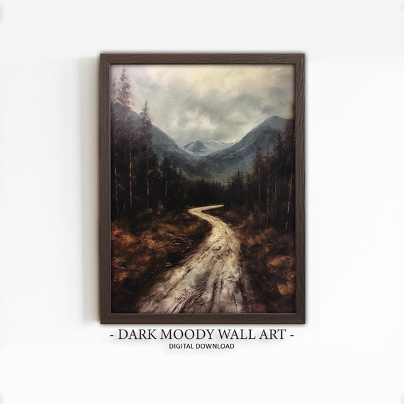 Mountain Route Dark Moody Wall Art Vintage Landscape Painting Wild Dark Nature Wall Art Antique Dark Oil Painting