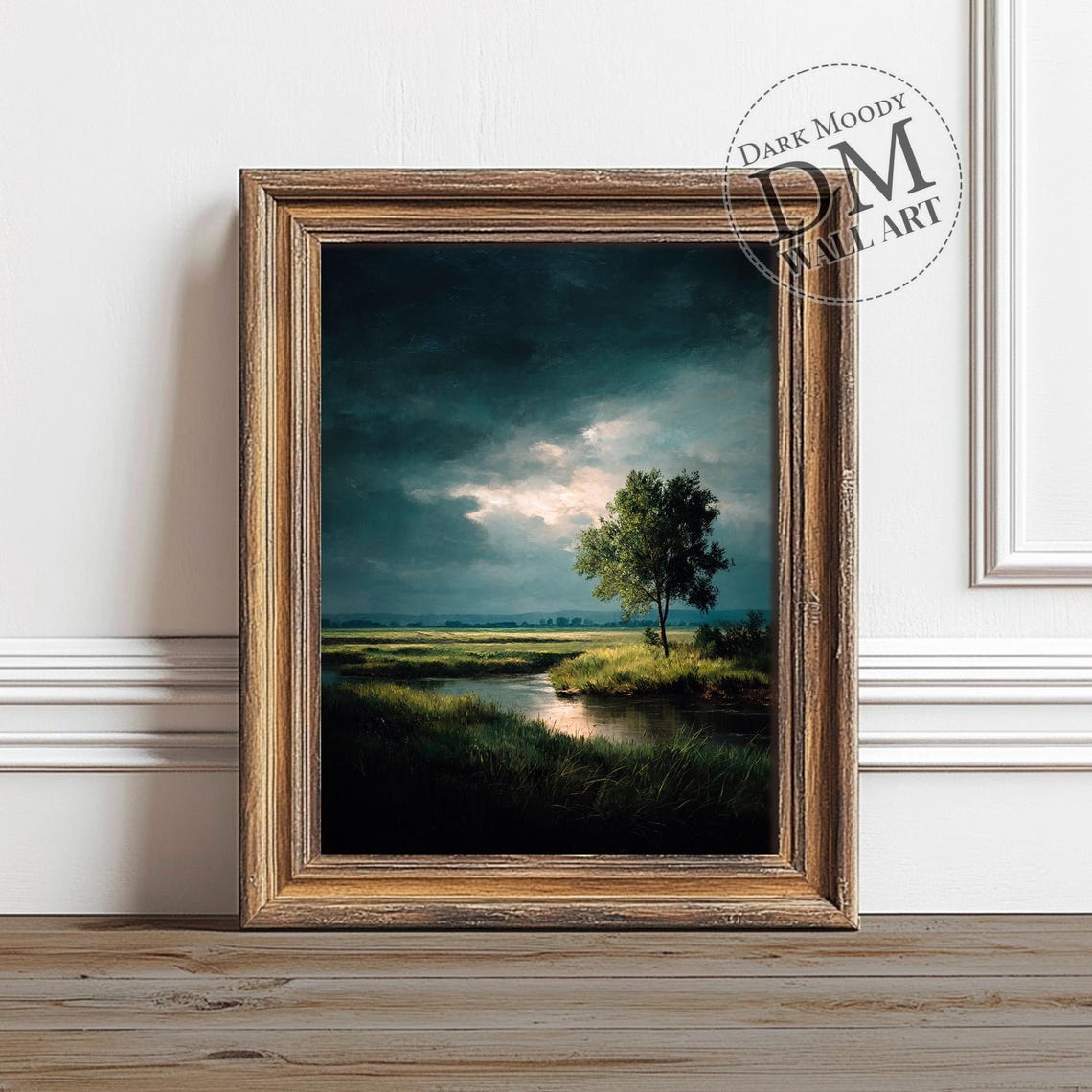 Lone Tree Marsh Stream Stormy Dark Sky Moody Landscape Wall Art
