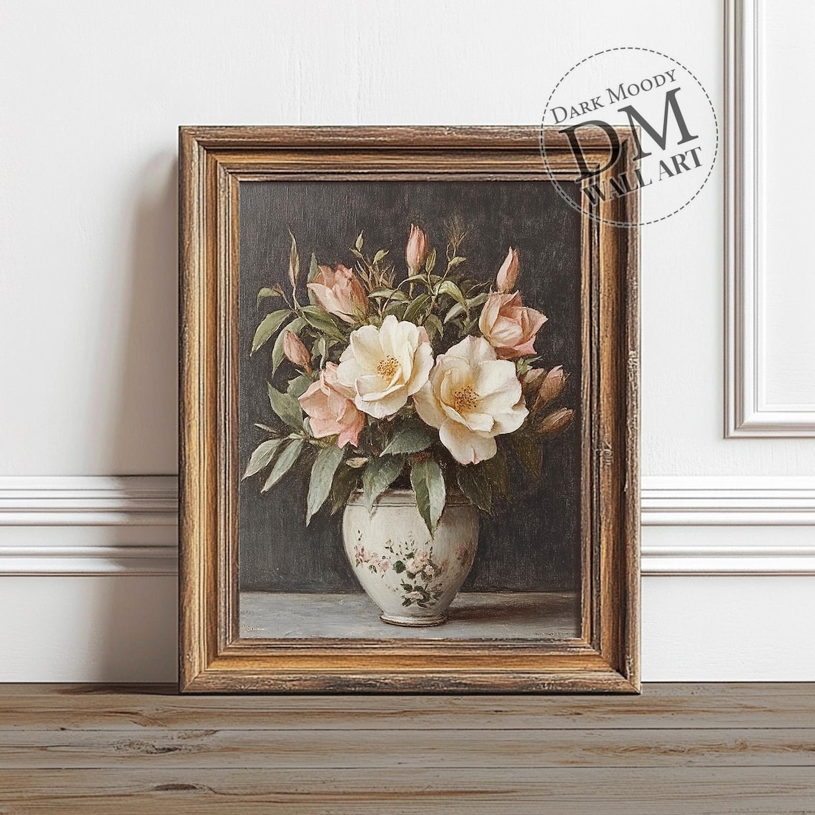 Vintage Rose Bouquet Moody Floral Still Life Pink Roses Vase Wall Art