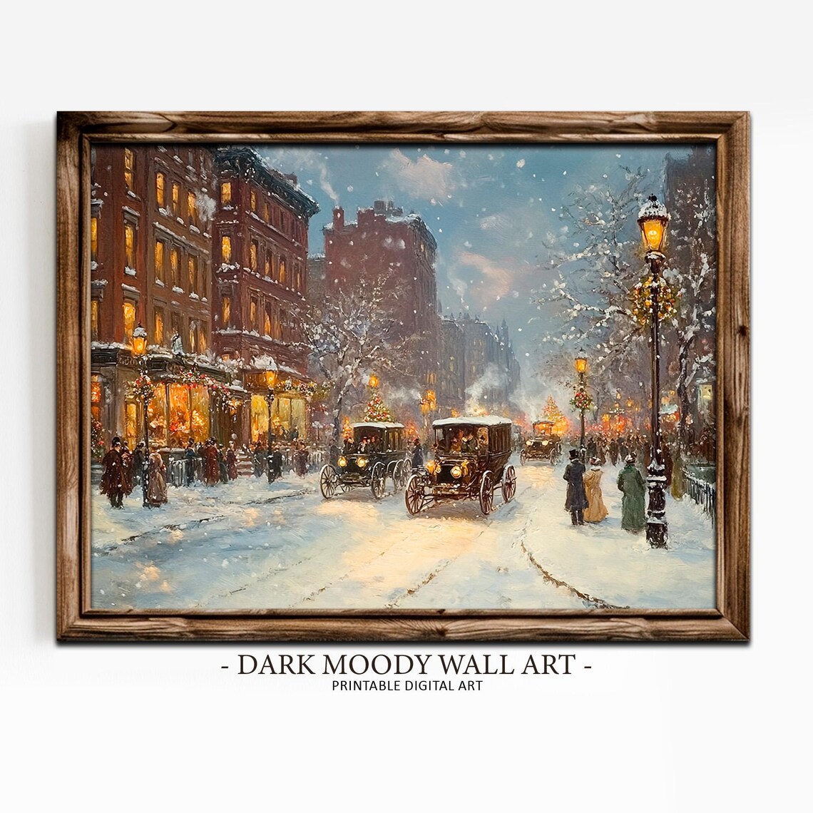 Vintage New York City Christmas Snowy Street Old Cars Wall Art