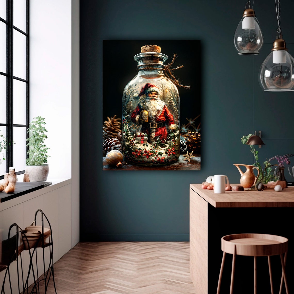 Vintage Santa Claus In Glass Bottle Snow Scene Holiday Art Poster - Image 2