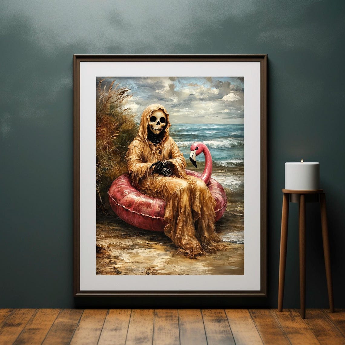 Grim Reaper Skeleton Pink Flamingo Float Beach Halloween Wall Art - Image 2