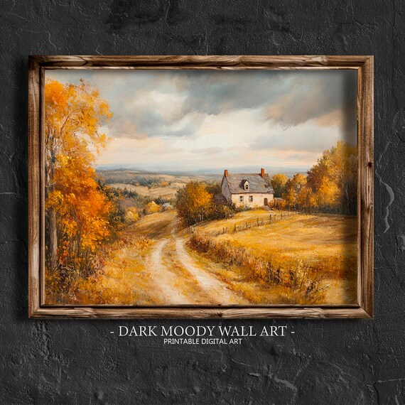 Autumn Country House Dirt Road Stormy Sky Fall Landscape Painting Poster