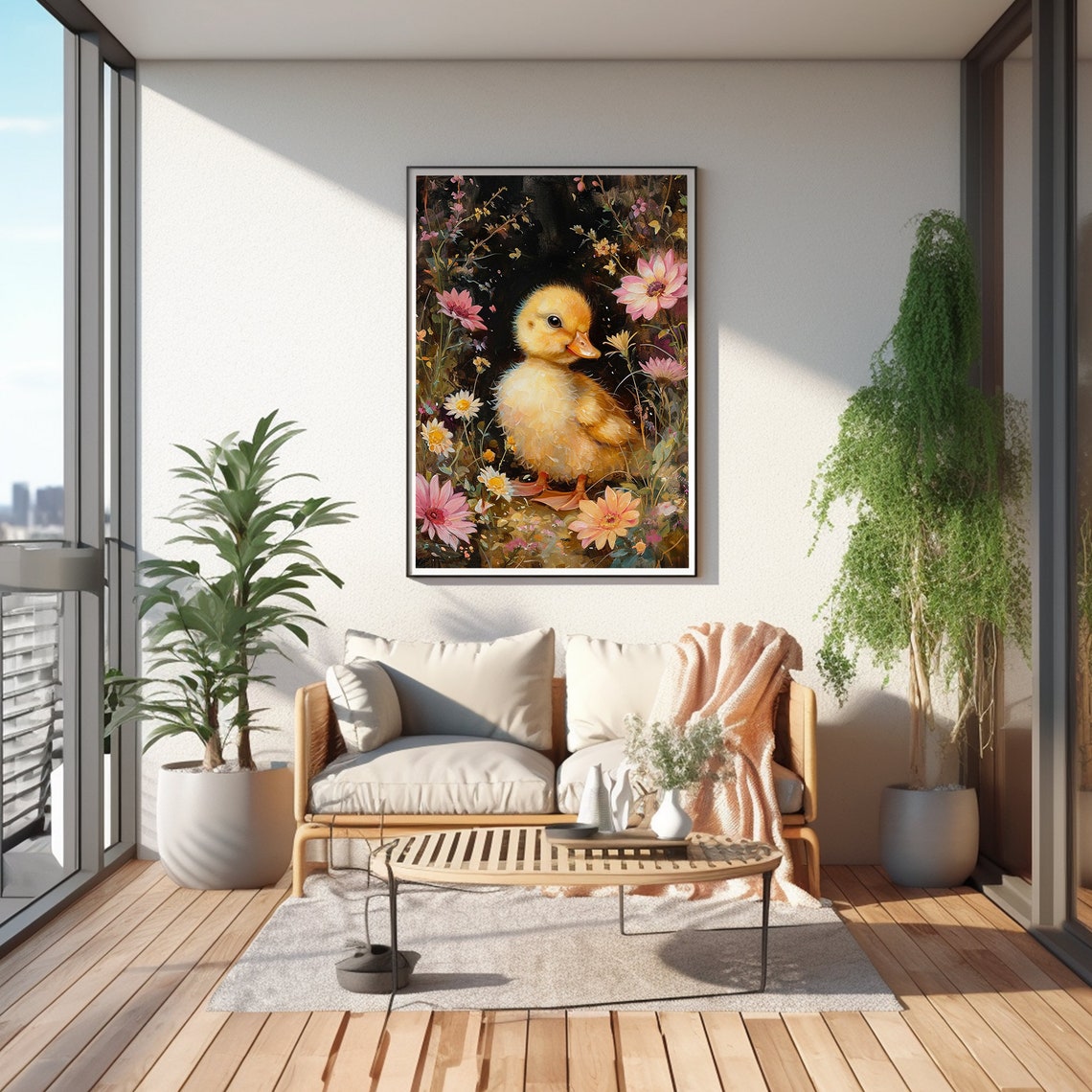Fluffy Yellow Duckling Pink Wildflowers Dark Floral Nursery Poster - Image 3