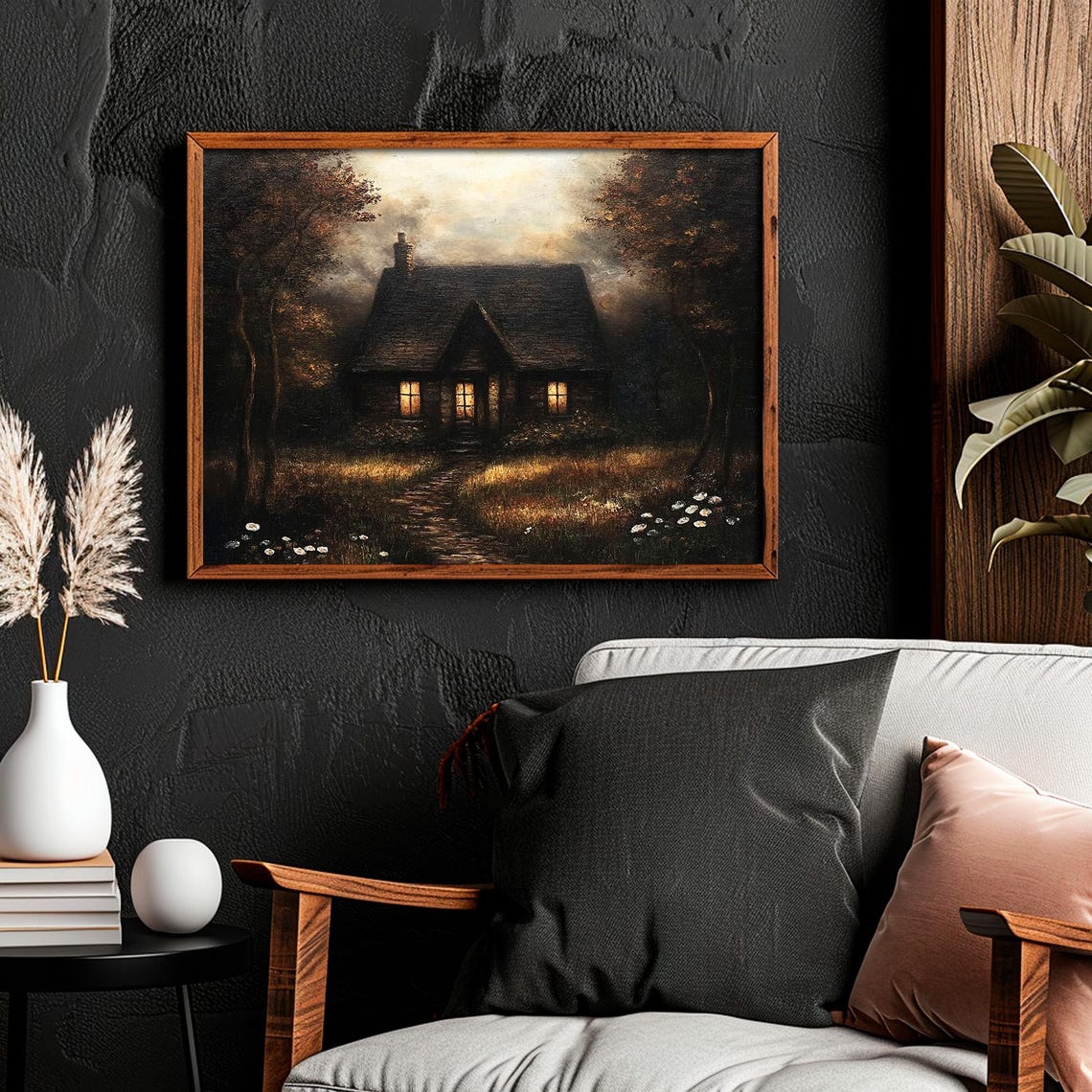 Haunted Dark Cottage Glowing Windows Autumn Night Moody Art Poster - Image 4