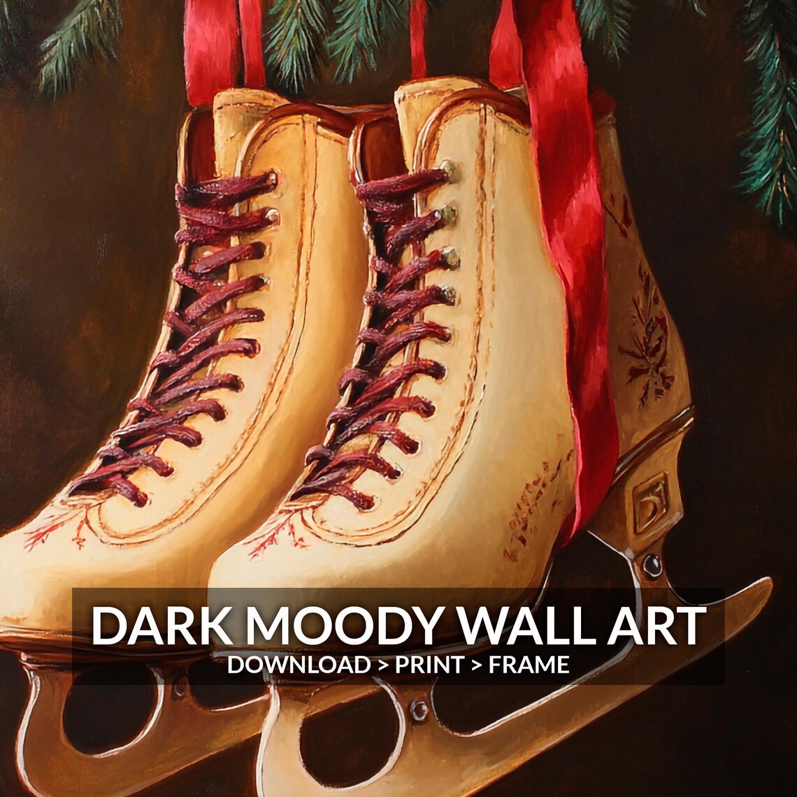 Vintage Ice Skates Christmas Hanging Evergreen Red Ribbon Wall Art - Image 6