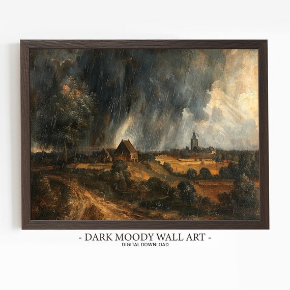Rain Painting Dark Moody Wall Art Rustic Rainy Landscape Painting Moody Landscape Art