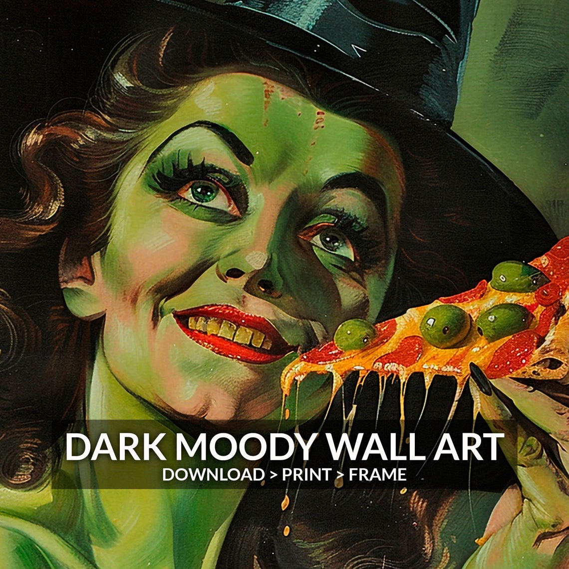 Green Witch Eating Pizza Funny Retro Halloween Pinup Art Print - Image 6