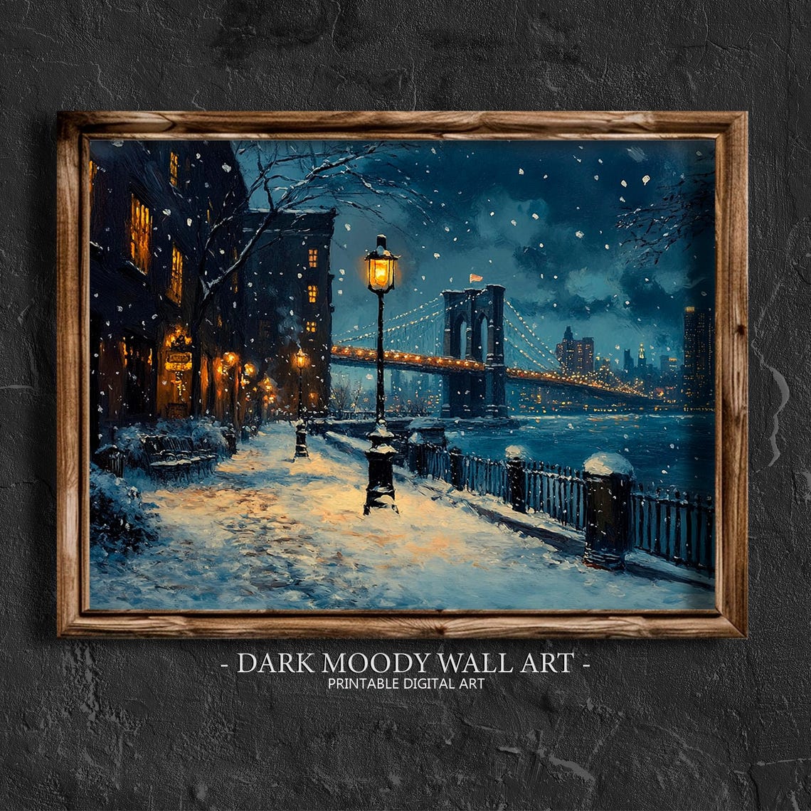 Brooklyn Bridge Night Snowy Riverside Promenade Lights Poster