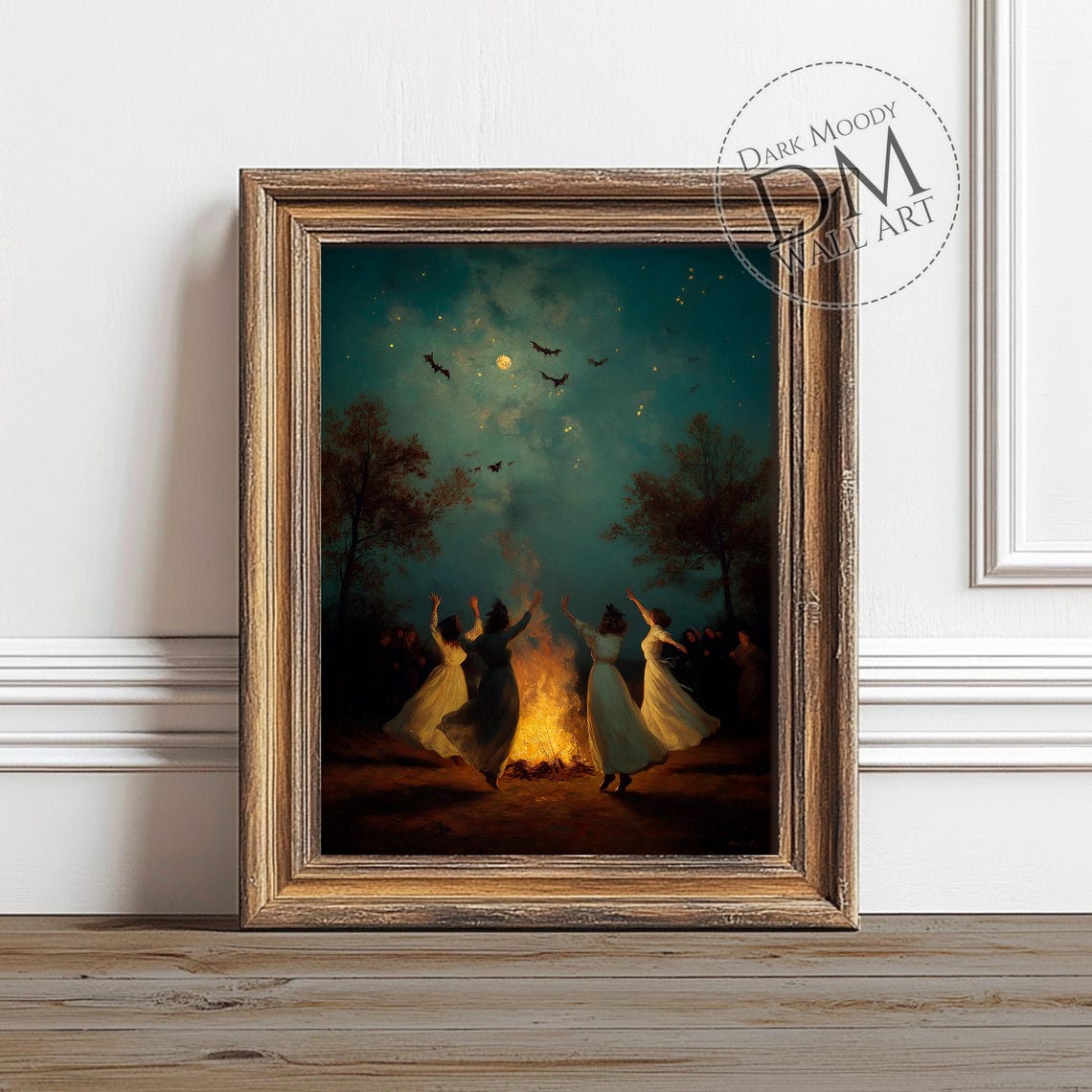Witches Dancing Around Bonfire Night Bats Moon Dark Gothic Art Print
