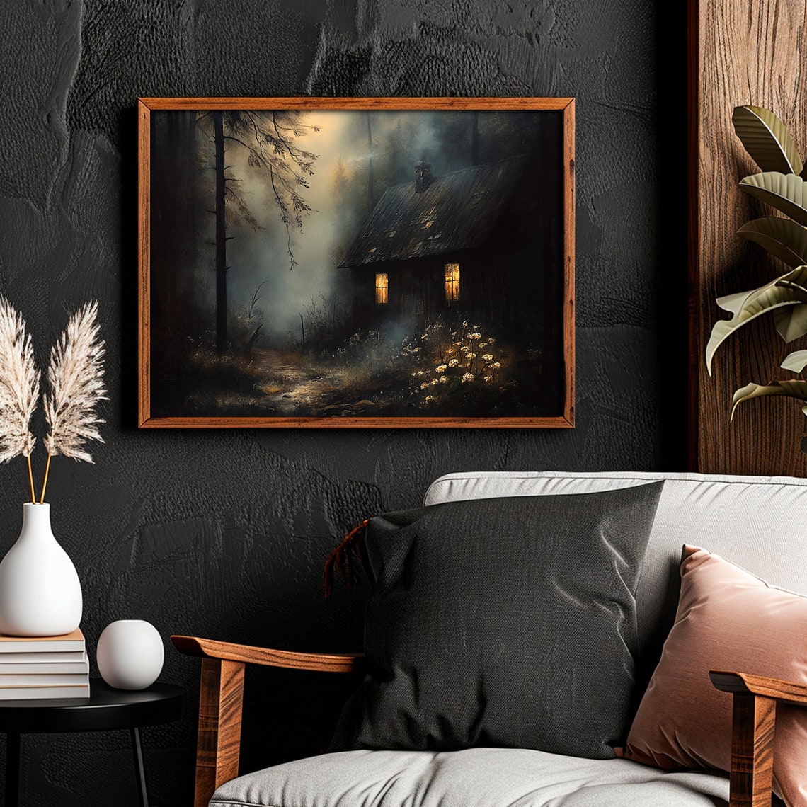 Foggy Forest Cabin Glowing Windows Mysterious Night Moody Art Poster - Image 4
