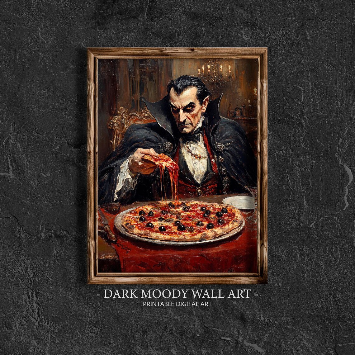 Dracula Vampire Eating Pizza Vintage Halloween Art Print