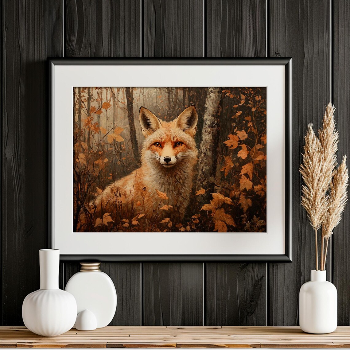 Red Fox Face Autumn Foliage Woodland Wildlife Painting Wall Art - Image 4